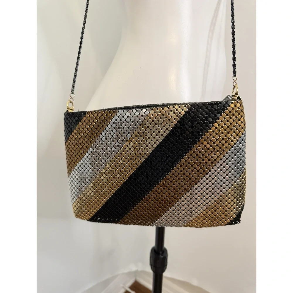 Vintage 70 80s Gold Black Bronze Silver Mesh Stripe Purse Bag Clutch Cross Body